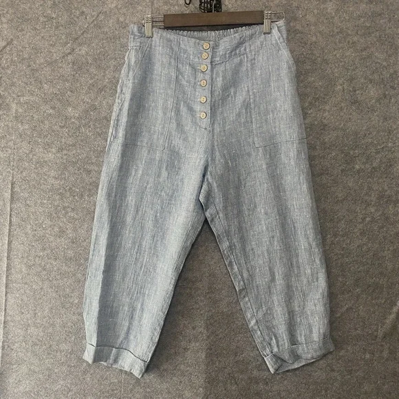 Magic Linen Crop Pants Womens Sz M Blue 100% Linen Pockets Button Close Elastic - Picture 1 of 8